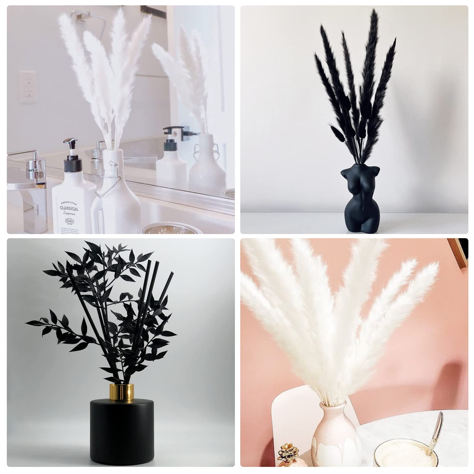 CAMDUCK Herbe de Pampa séchée Ensemble de Fleurs Séchées Noires, Arrangement de Bouquet de Plantes Séchées, Fleurs Séchées Blanches Fleurs Séchées pour Décor Boho Salon et Vases