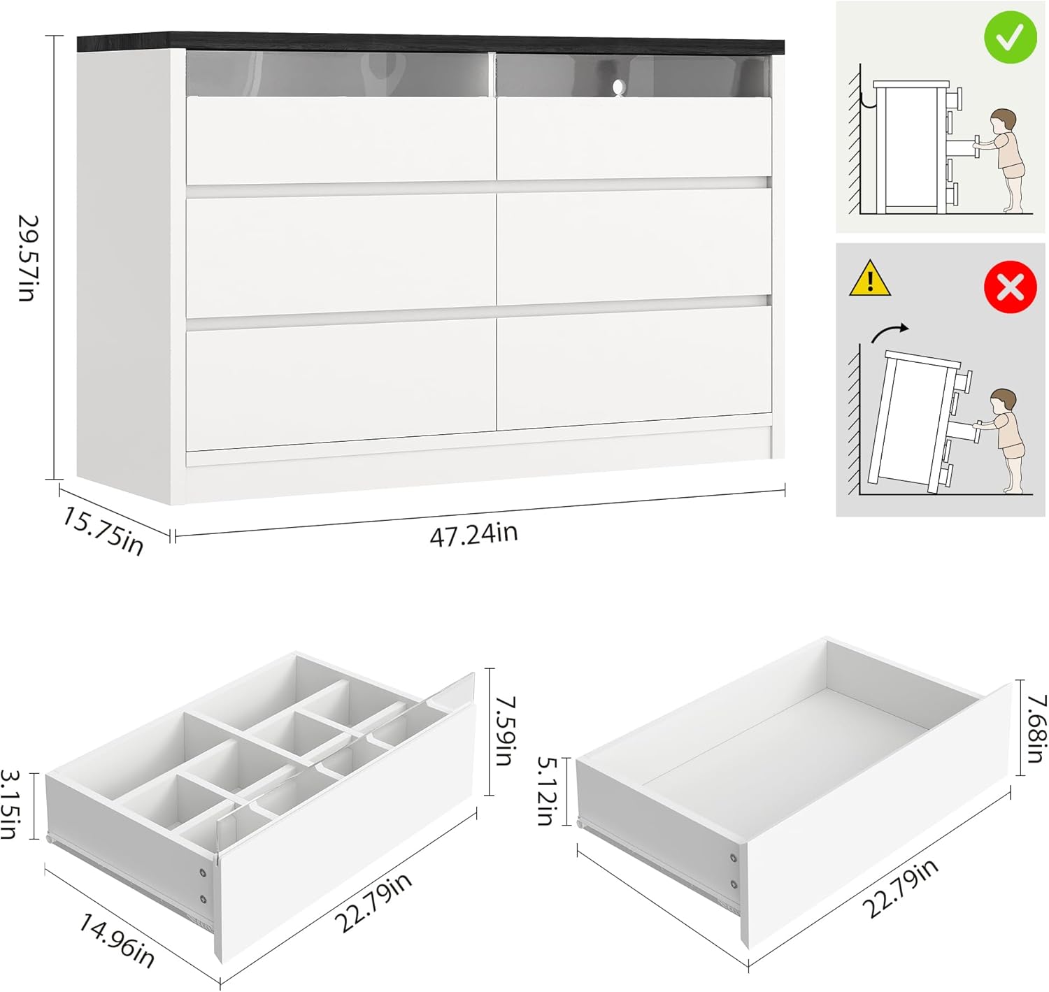 Modern LED 6 Drawer Dresser for Bedroom, White Large Chest of Drawers with Hidden Handles, Long Double Wooden Dresser Closet for Living Room, Entryway, Hallway - White