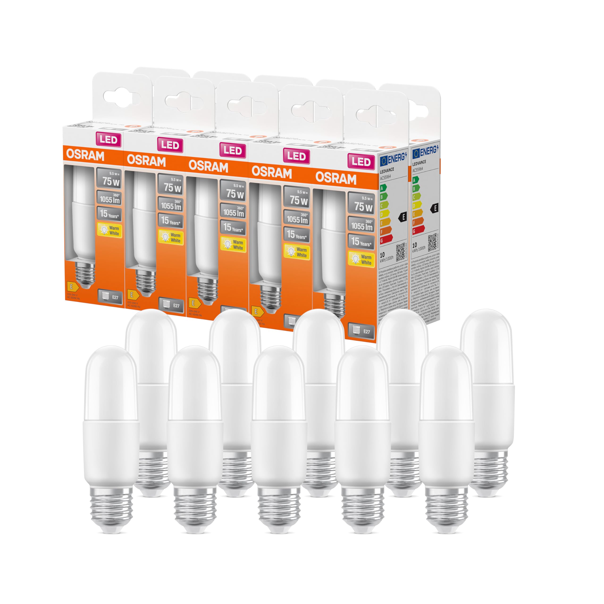 OSRAM Pack of 10 x LED lamp | Base: E27 | Warm White | 2700 K | 10 W | Replacement for 75W | Frosted | LED Star Stick