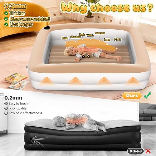 Miniatura 3 de Cama inflable de viaje para niños pequeños, cama inflable portátil de 67 pulgadas con lados de seguridad, colchón de aire para niños con bomba