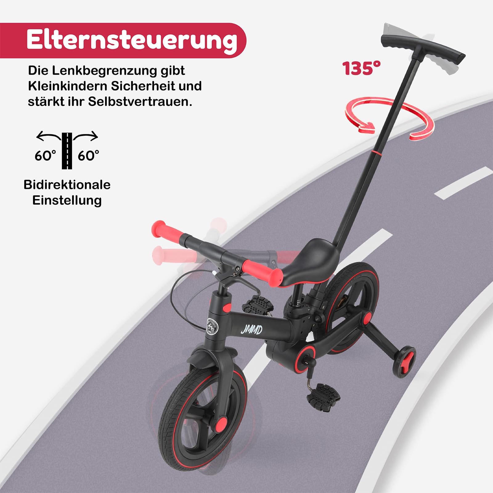 JMMD 6-in-1 Kinderfahrrad mit Stützrädern und Pedalen, Alter 18 Monate-5 Jahre, 12 Zoll Konvertierbares und Faltbares Laufrad & Fahrrad mit Verstellbarem Elternschiebegriff, Ständer, Bremsen