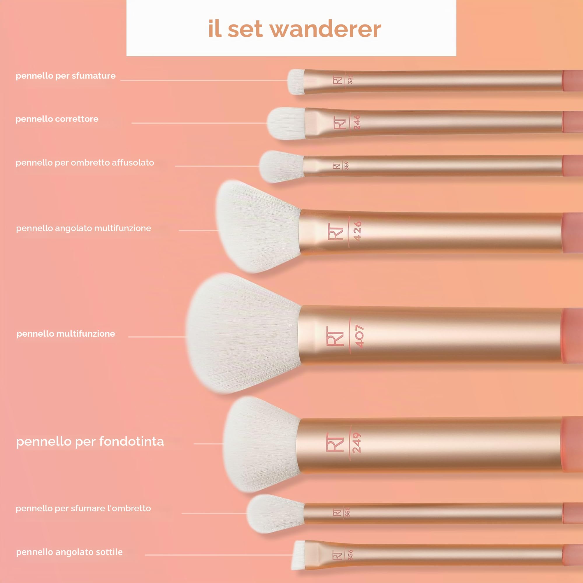 Real Techniques The Wanderer - Set di pennelli professionali e di alta qualità, setole morbide, per fondotinta, polveri e correttori, set da 9 pezzi