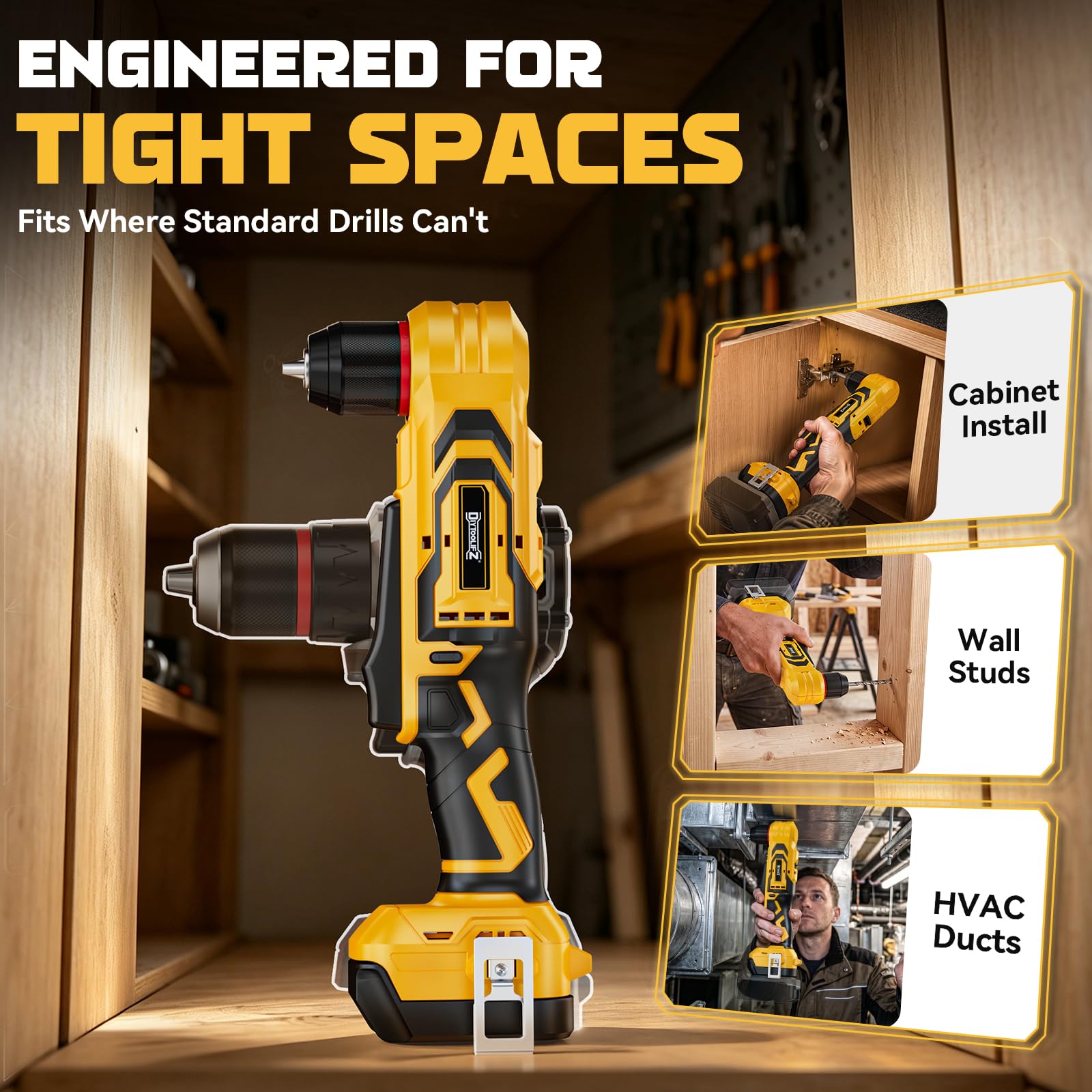 DIYtoolifz Trapano ad angolo retto senza fili compatibile con batteria Dewalt da 20 V, trapano angolare da 1 cm con motore brushless, 45,19 N·m, 2 velocità e luce LED, compatto per spazi ristretti