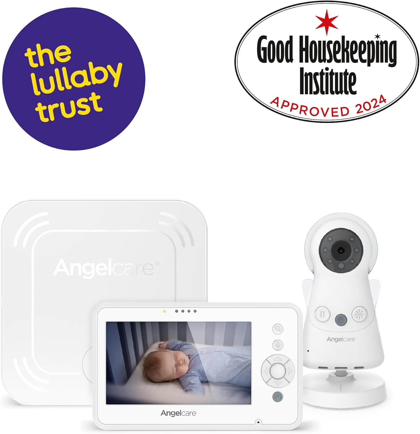 Parent holding Angelcare monitor, viewing baby in crib