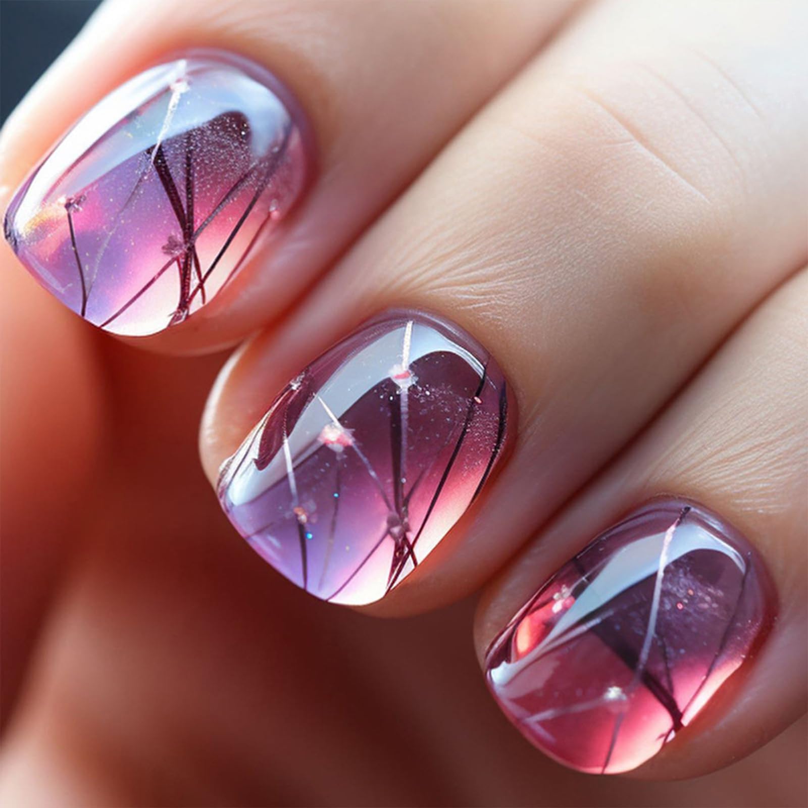 Purple Press on Nails Short Fake Nails with Lines Designs Acrylic Nails Press ons Square False Nails Glossy Glue on Nails Artificial Spring Summer