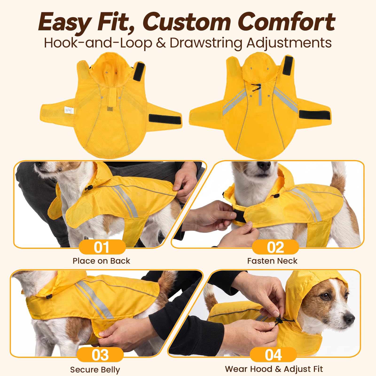 VIVAGLORY Manteau de Pluie pour Petits Chiens, vêtements de Pluie pour Animaux faciles à Enfiler et à enlever, Gilet de sécurité réfléchissant léger et Respirant pour Chiens, Jaune