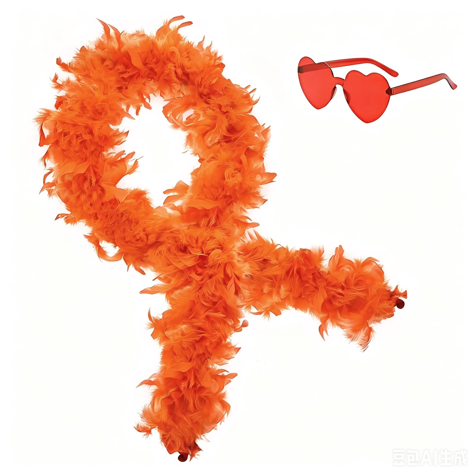 2Pcs Colorful Fancy Dress Feather Boa Set, 6.6ft Feather Boa with Heart Rimless Sunglasses for Women, Artificial Fluffy Boa Decorations wit for Dancing Wedding Party Cosplay Halloween