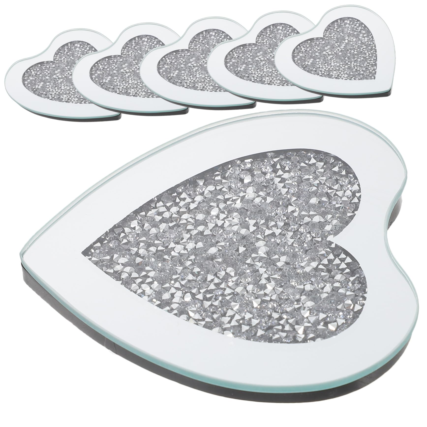 Posavasos de Vidrio en Forma de Corazón Plata 6 Piezas | Resistente al Calor, Grueso y Antiarañazos, para Casa y Bar, Acabado Elegante