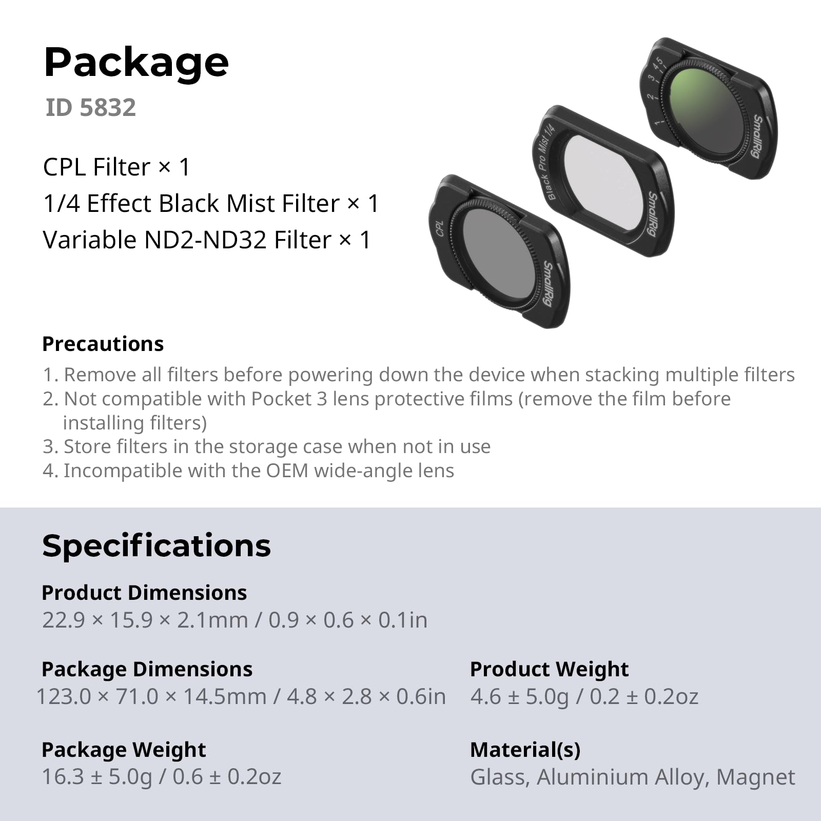 SMALLRIG Magnetisches ND- & CPL- & Effektfilter-Set für DJI Osmo Pocket 4/3-3er-Pack CPL, 1/4 Black Diffusion, verstellbare ND2-32 Filterzubehör, HD-Optisches Glas, mehrschichtig beschichtet - 5832