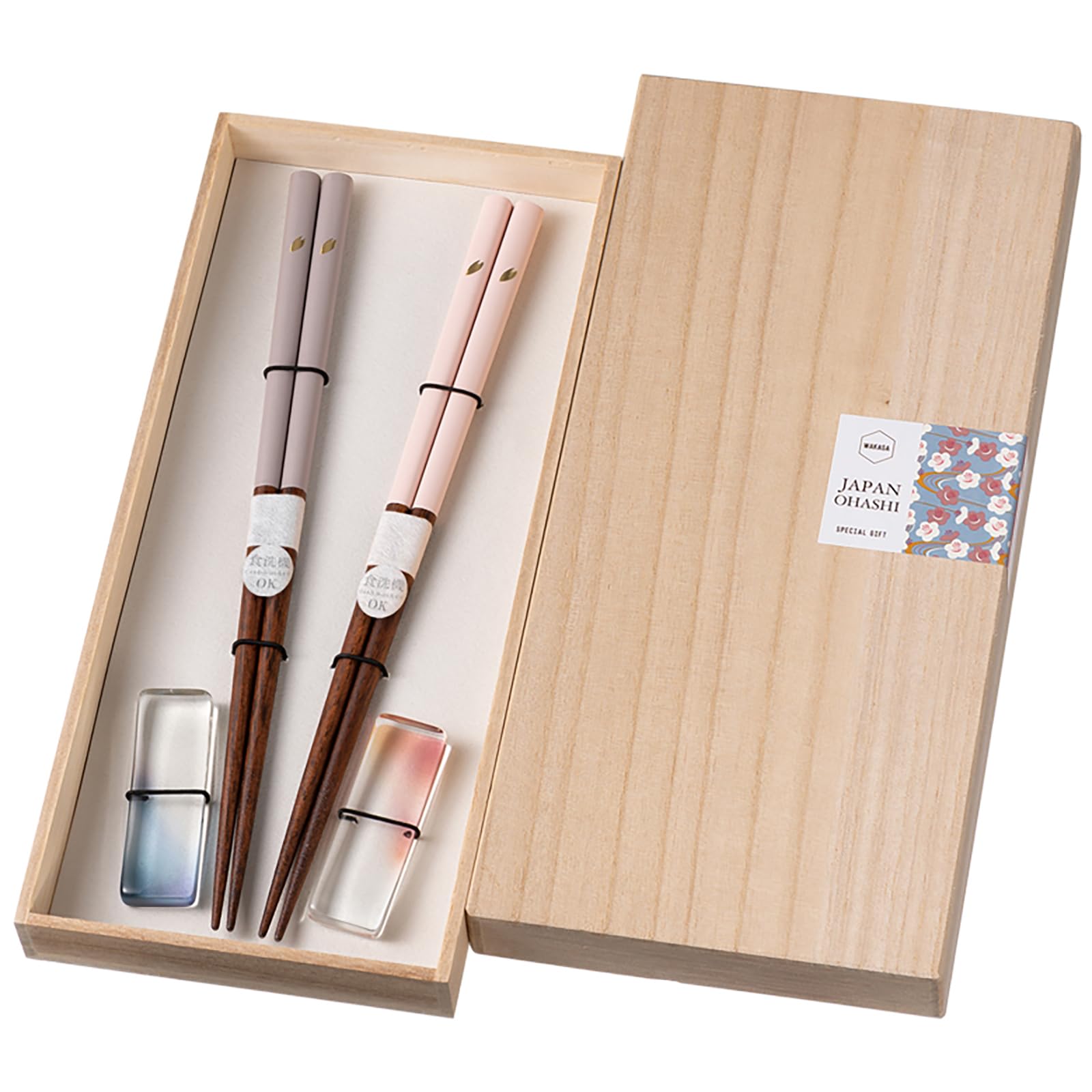 Sunlife Japanese Couple Chopsticks Set 9in Wood Glass Rest Pair Japan