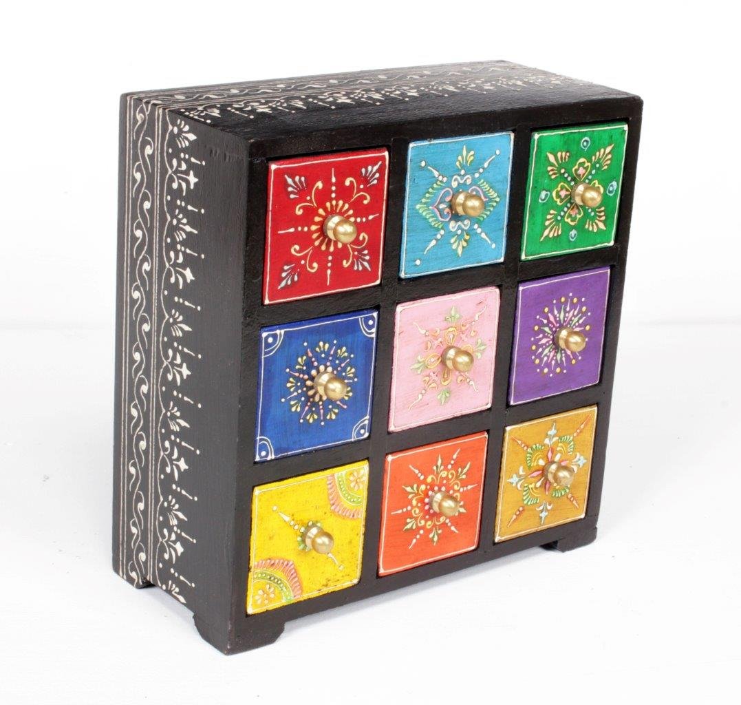 Home and Bazaar Wooden Traditional Handpainted Antique Finish 9 Drawer Chest (8.5 x 4.5 x 8.5 Inch, Multicolour)