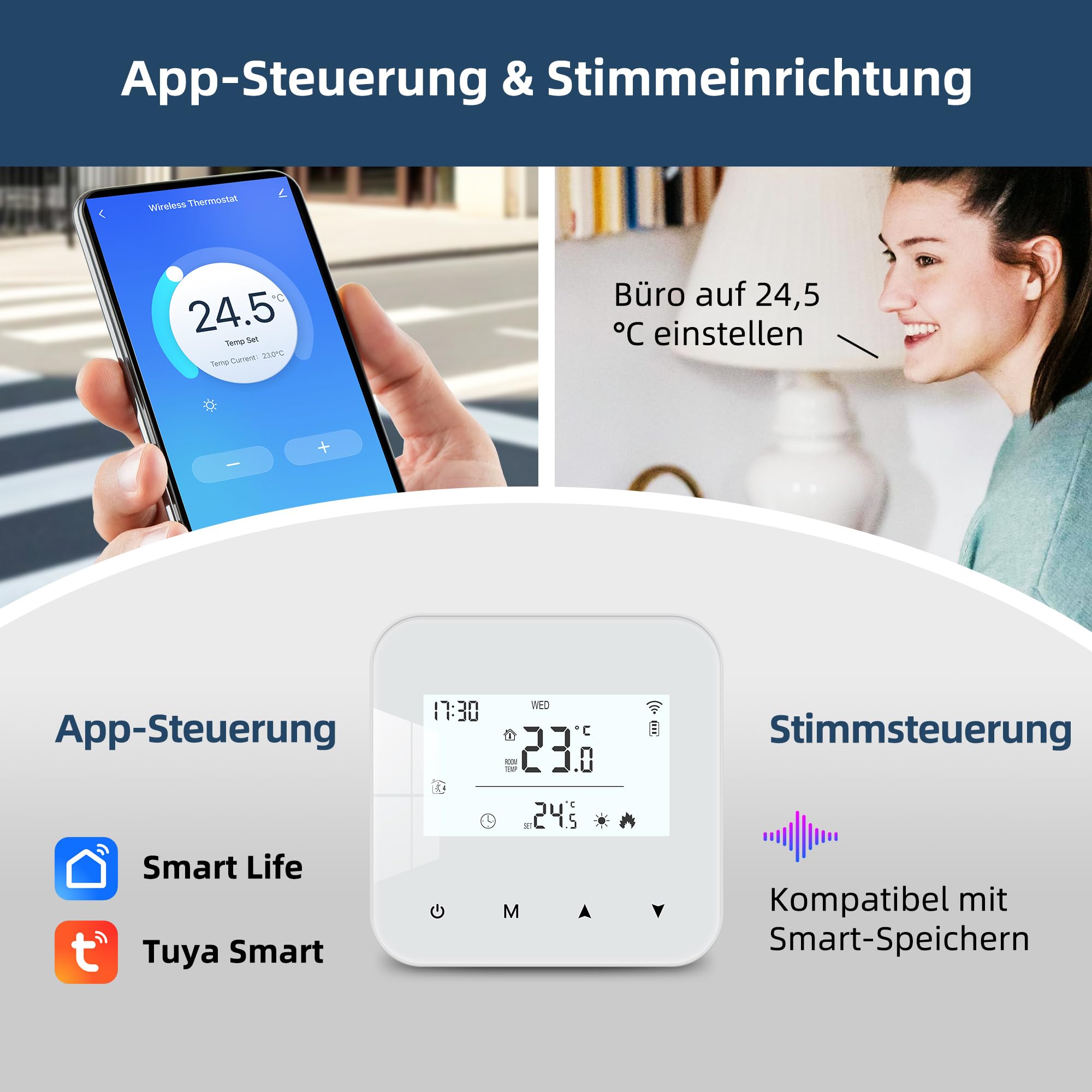 Beok WiFi Thermostat Für Gaskessel, Tuya Smart Raumthermostat Thermostate Heizung Digital LCD-Anzeige Kompatibel mit Alexa Google Assistant, Batteriebetrieben, Aufputz BOT-R5WW-WIFI Weiß