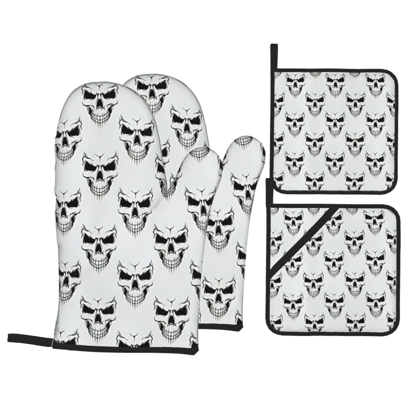 Nimongt Black Halloween Themed Monochrome Skeleton Head Print Heat-Resistant 4-Piece Oven Kitchen Gloves For Baking Cooking Microwaving Essentials