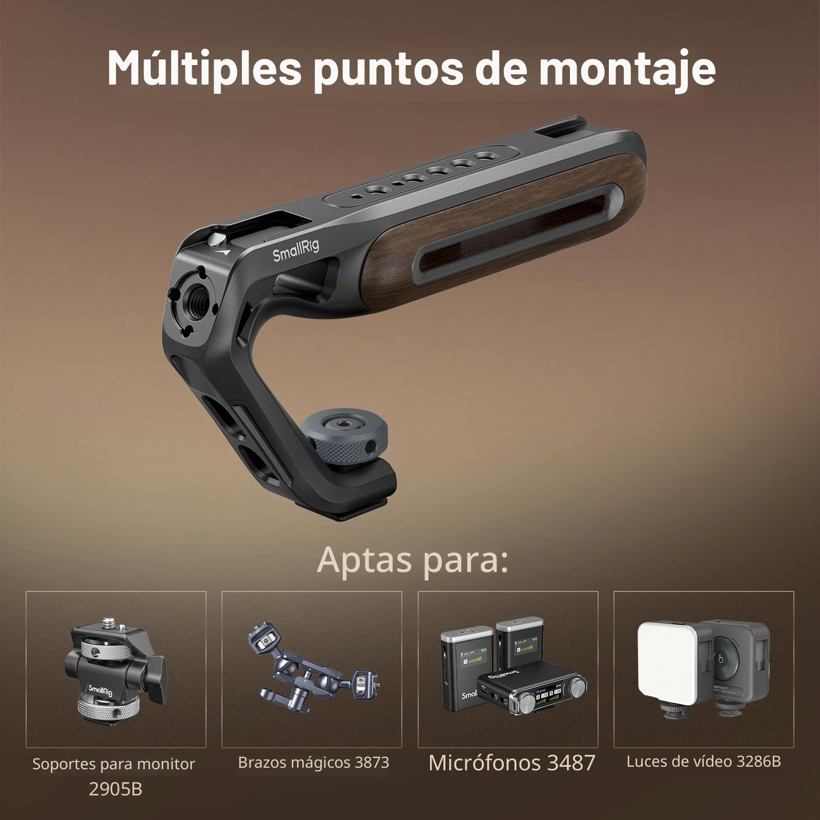 SmallRig Mango superior de madera con soporte de zapata fría, mango superior de madera ligero para jaula de cámara, capacidad de carga de hasta 10 kg, agujeros de localización de 3/8''-16 para ARRI y