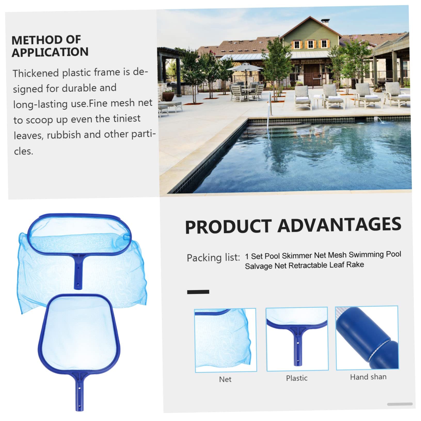 Sosoport Épuisette Télescopique pour Piscine Râteau Filet Fin pour Nettoyage Récupération des Débris Légers Bassins et Aquariums