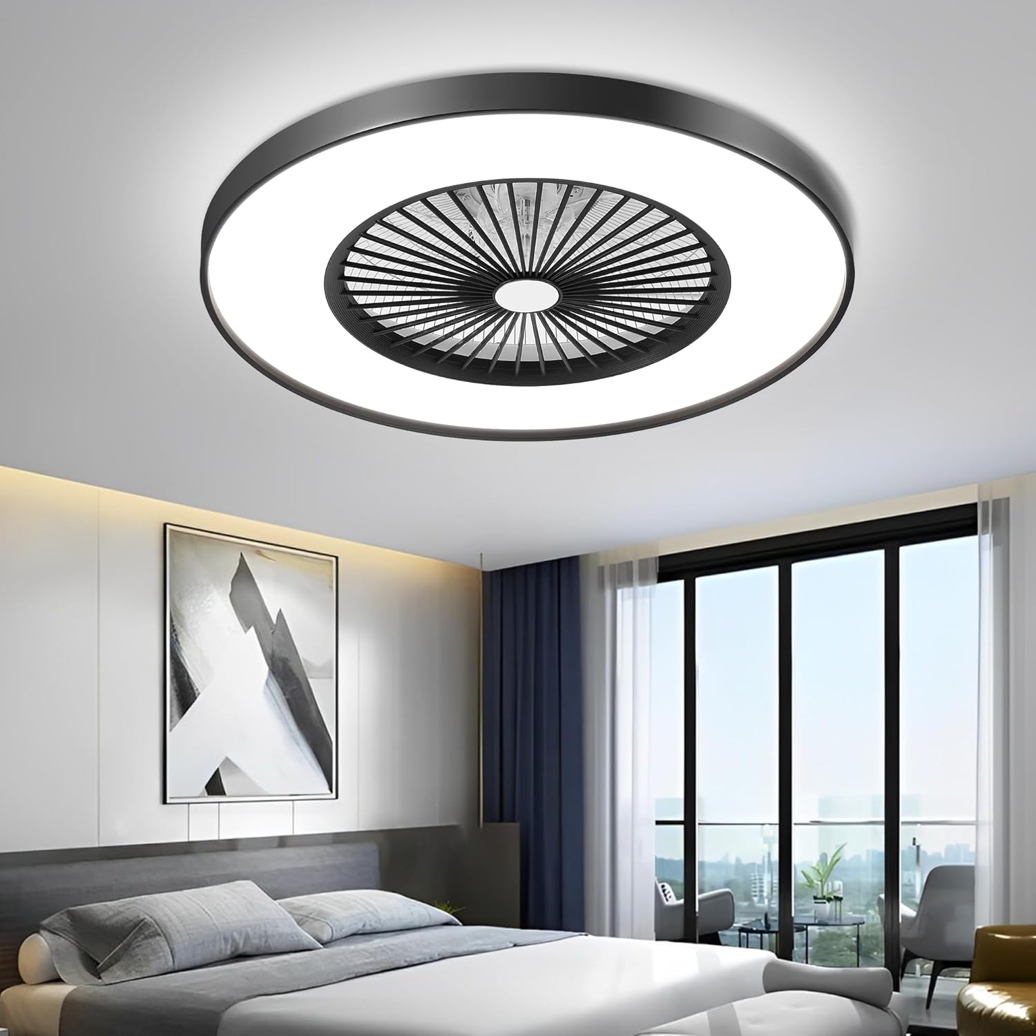 24" Low Profile Ceiling Fan with Light, Bladeless Ceiling Fan, Flush Mount Ceiling Fanwith Remote/APP Control, Modern Enclosed Led Ceiling Fans 3 Colors Dimmable 6 Speeds Reversible Timing Black