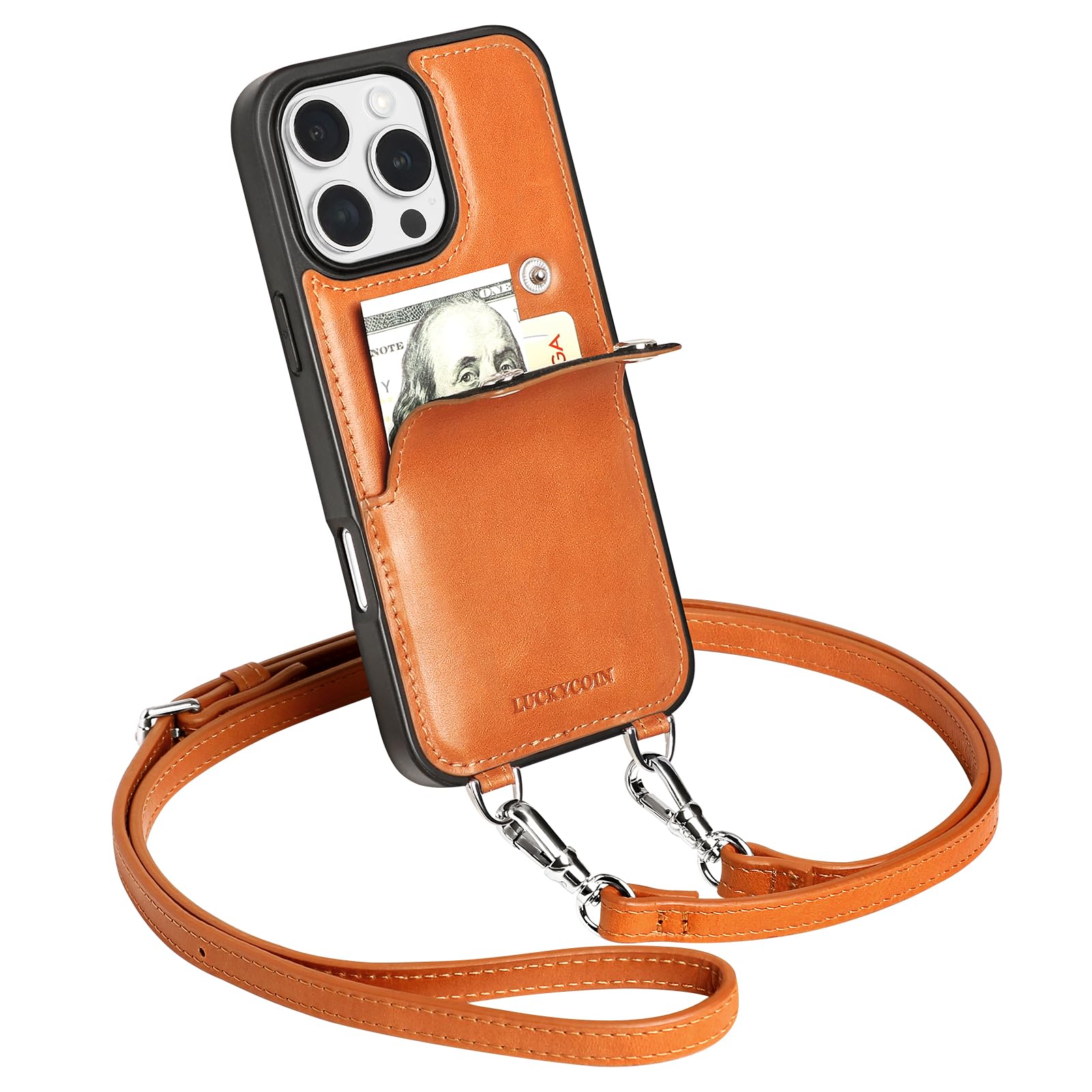 LUCKYCOIN for iPhone 16 Pro Max Crossbody Wallet Purse Phone Case, Genuine Leather Phone Case for Women,for iPhone Purses with Expandable Card Holder