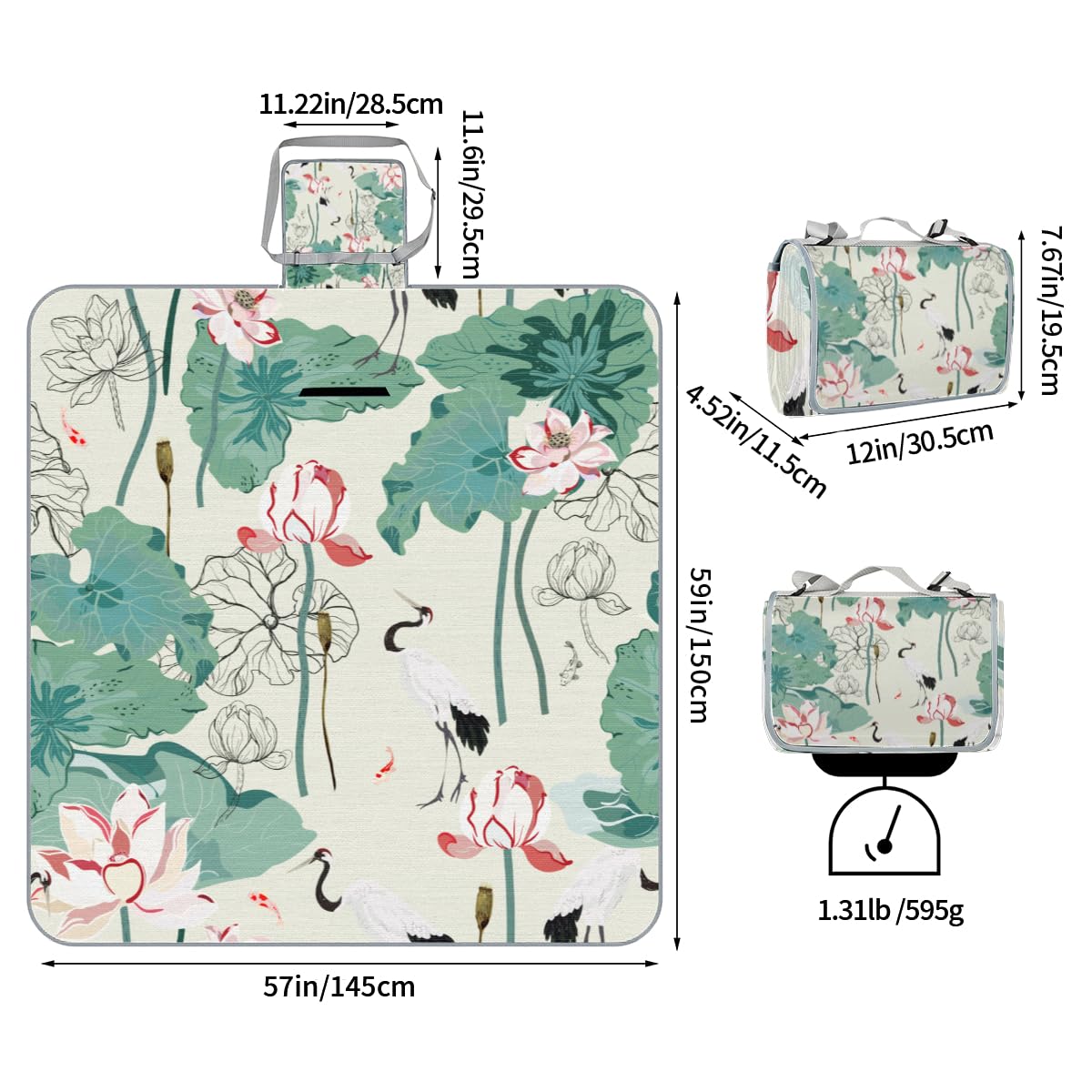 Shimoshe Picnic Blankets 57”x 59”, Lotus White Crane Waterproof Sandproof Picnic Mat Lightweight Foldable Beach Blanket for Camping Park Grass Beach Outdoor Blanket