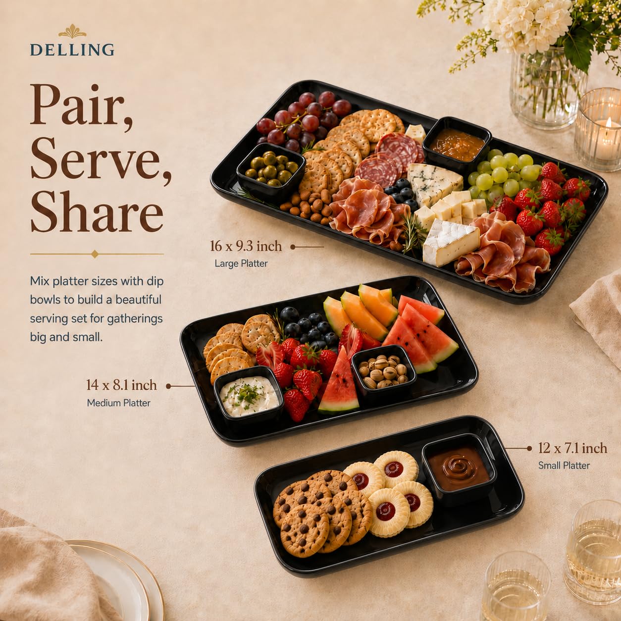 DELLING Große Servierplatte, 40,6 cm, 35,6 cm, 35,6 cm, 30,5 cm, schwarz, Serviertablett, rechteckige Servierplatten für Party, Unterhaltung, Truthahnplatte für Thanksgiving, Weihnachten, mikrowellen-