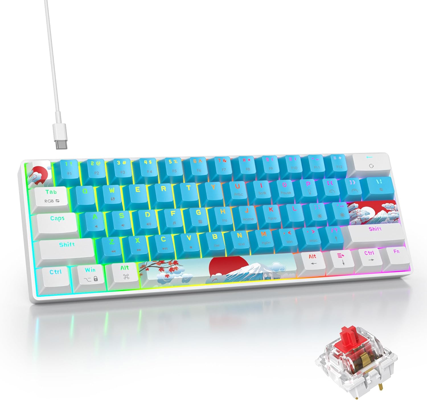 Blue and White Mechanical Gaming Keyboard 60%, 61 Keys Small Wired RGB Keyboard with PBT Keycaps, Anti-Ghosting for Game/Office Blue and White Mechanical Gaming Keyboard 60%, 61 Keys Small Wired RGB Keyboard with PBT Keycaps, Anti-Ghosting for Game/Office