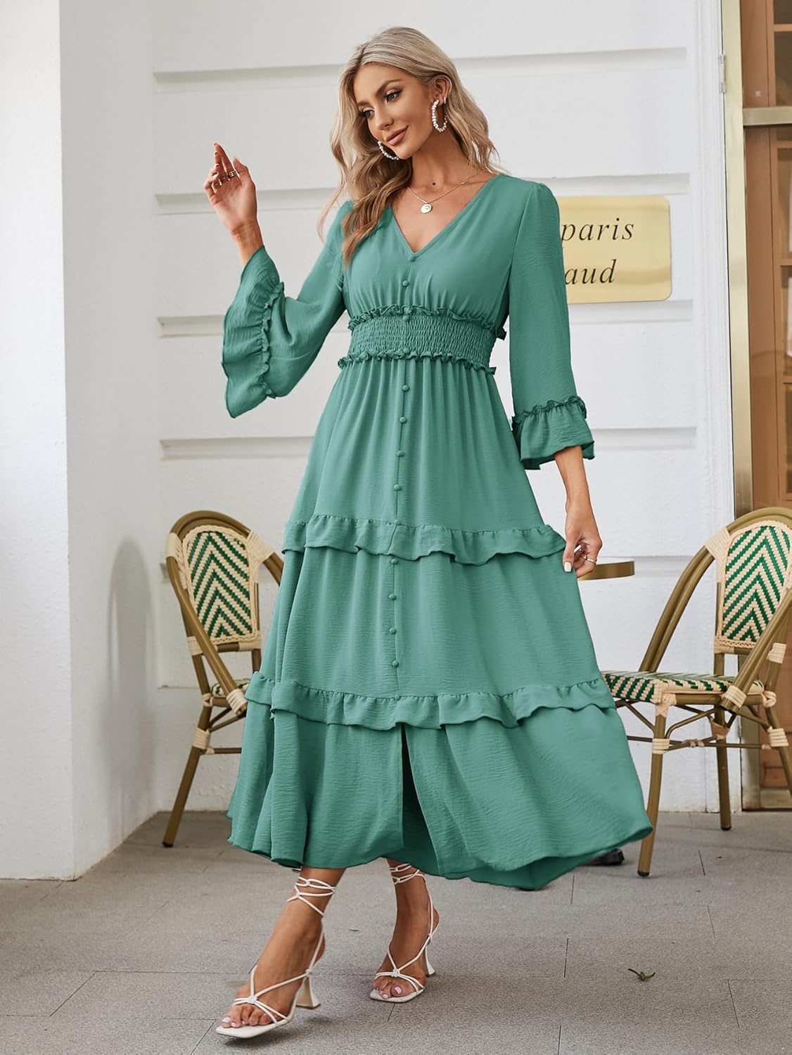 Amegoya Women's V Neck Long Sleeve Boho Maxi Dress Summer Wedding Guest Long Flowy Engagement Dresses - Image 6