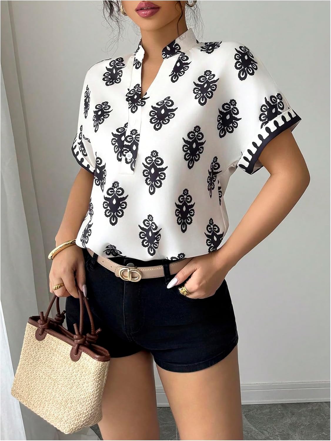 Women's Boho Print Notch V Neck Blouse Summer Short Sleeve Vacation Tops - Image 5