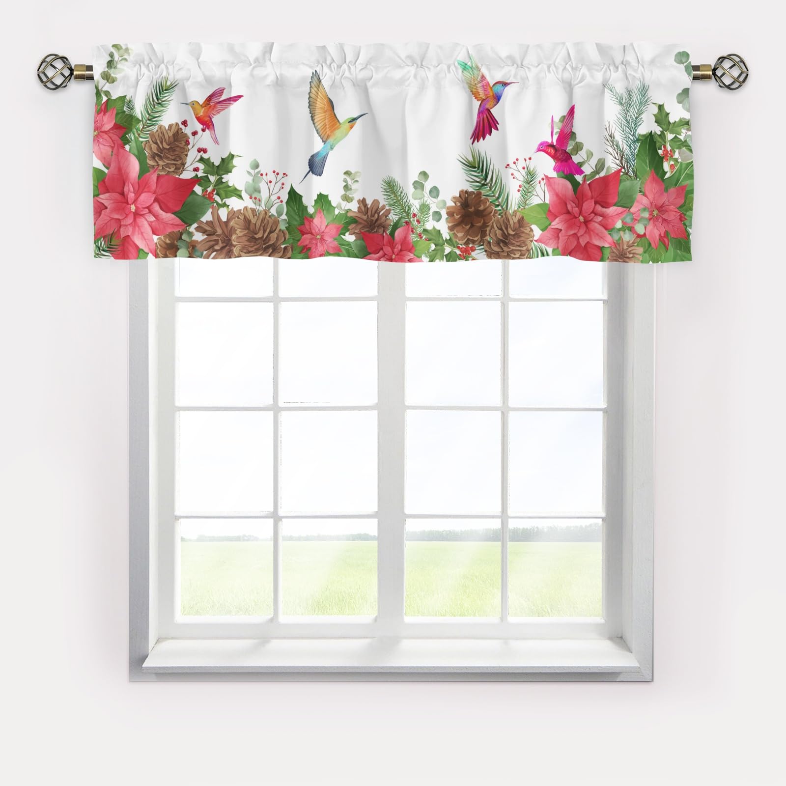 Christmas Flower Birds Curtains Valance, Short Curtains Valance for Small Window,Blackout Window Valance,Rod Pocket Valance Window,Christmas Decor Window Curtains for Bedroom Bathroom Living Room