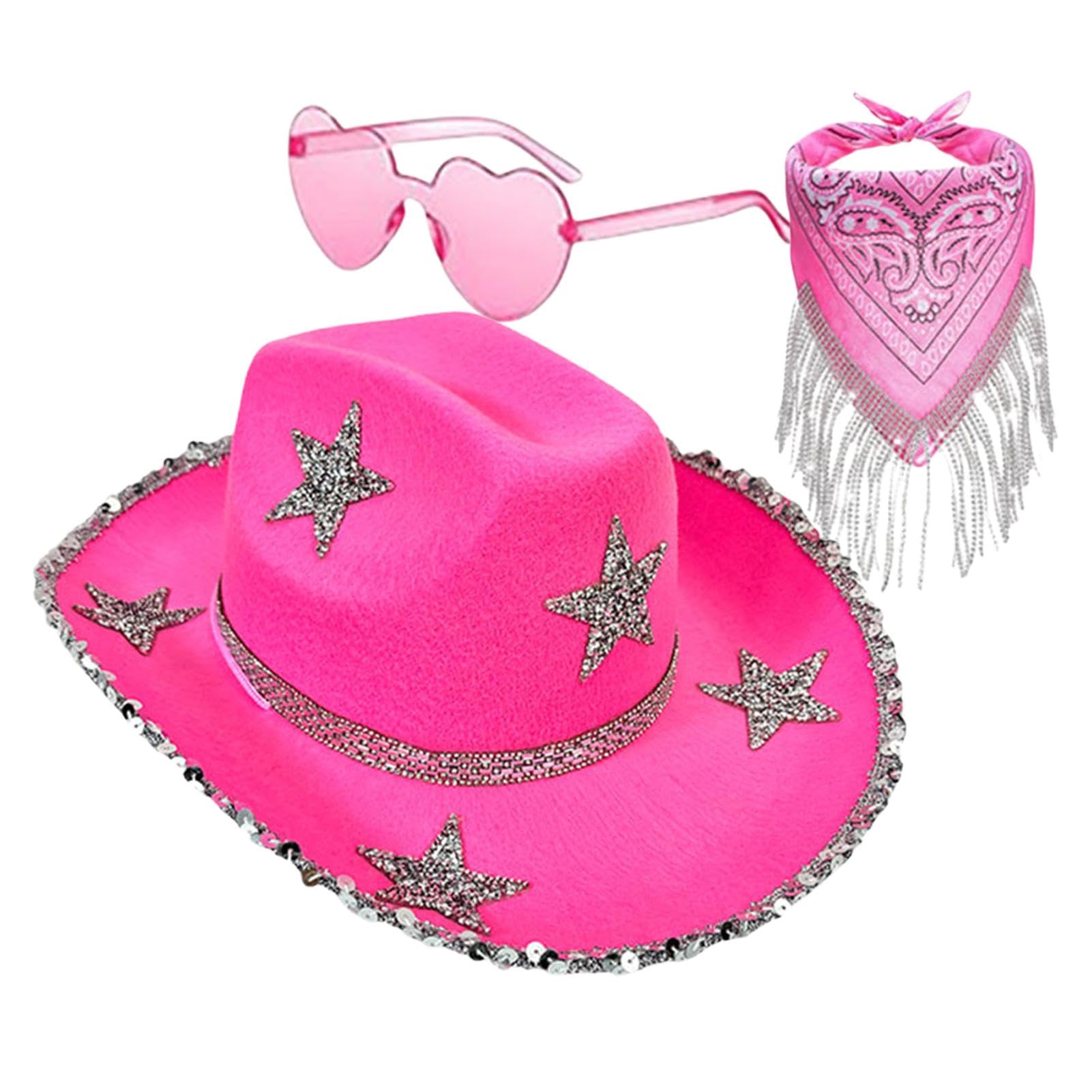 Sombreros de vaquero brillantes para mujer, gorro de vaquera con purpurina, 3 gorros clásicos de vaquero con purpurina con gafas de sol, disfraz de fiesta de Halloween, juego de accesorios