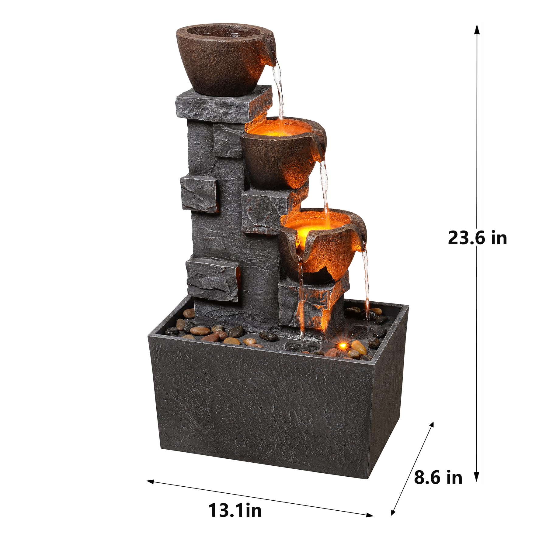 Fontana per esterni con luci LED, fontana da tavolo a cascata a 4 livelli con ciotole in pietra e ciottoli, altezza 60 cm