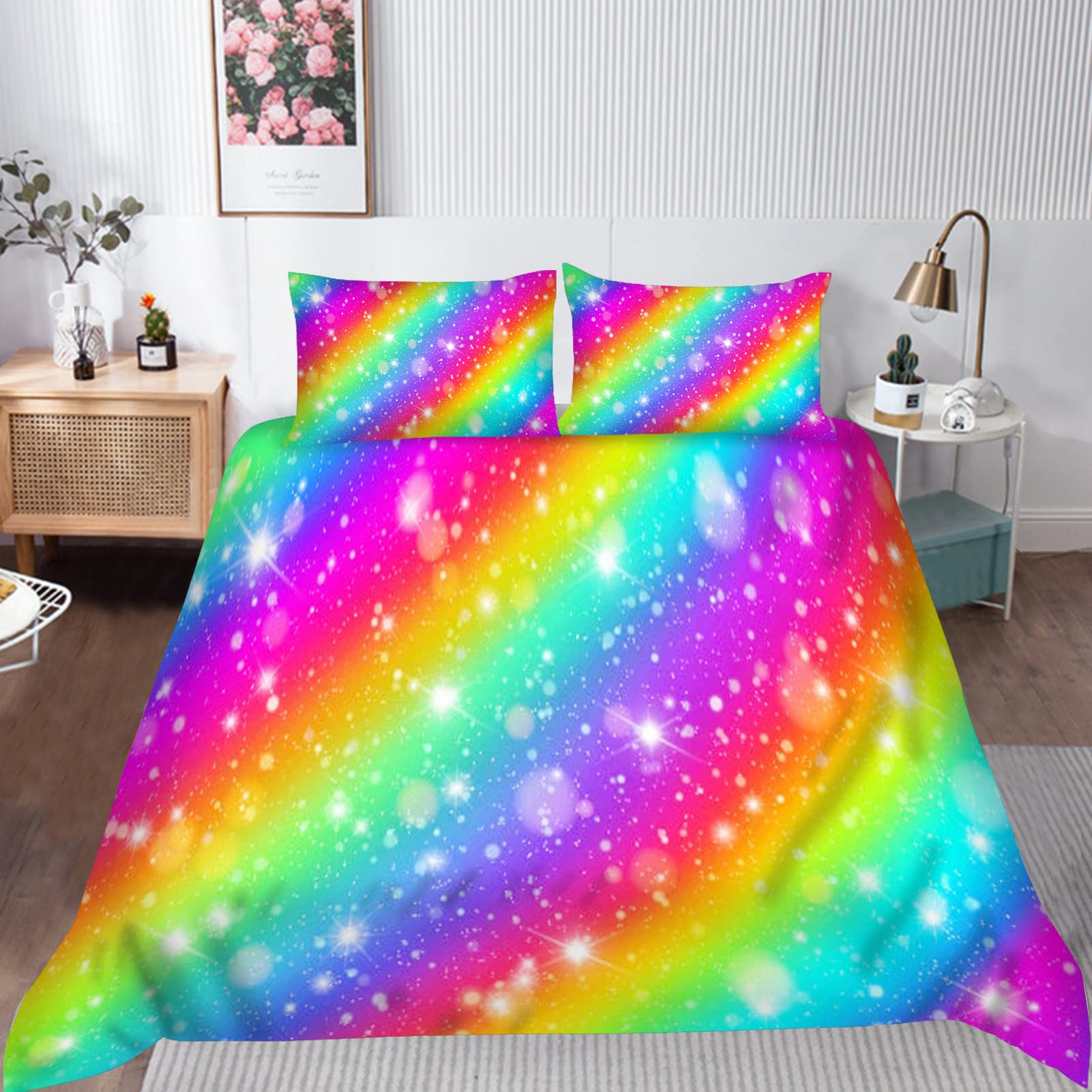YUANZU Striped Bedding Set King for Kids Girls Duvet Cover Set 3 Pieces Rainbow Galaxy Glitter Star Pastel Clouds Printed Soft Microfiber Quilt Cover with Zipper Closure (230 x 220 cm & 2Pillowcase) โ image 1