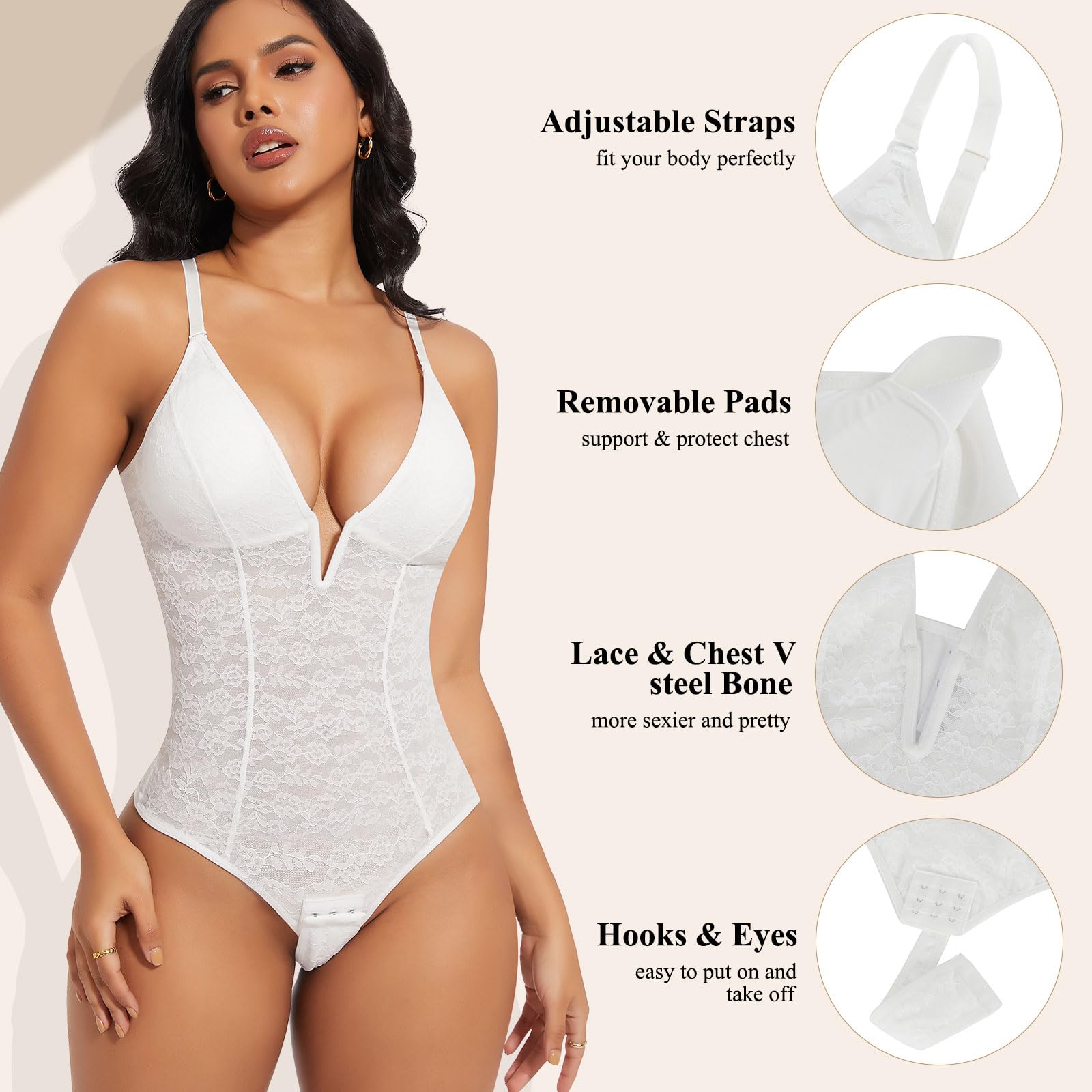 Joyshaper Shapewear - Body da donna in pizzo, modellante per la pancia, con scollo a V, modellante