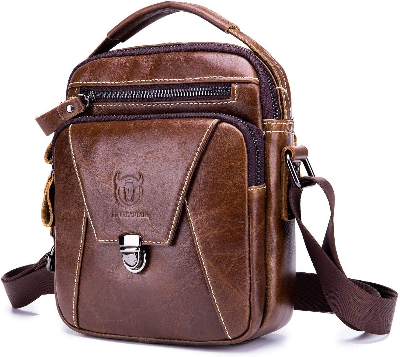 BULLCAPTAINMens Leather Messenger Bag Retro Shoulder Bags Small Crossbody Bags Purses Casual Sling Pack for Travel Handbag for 7.9" Pad