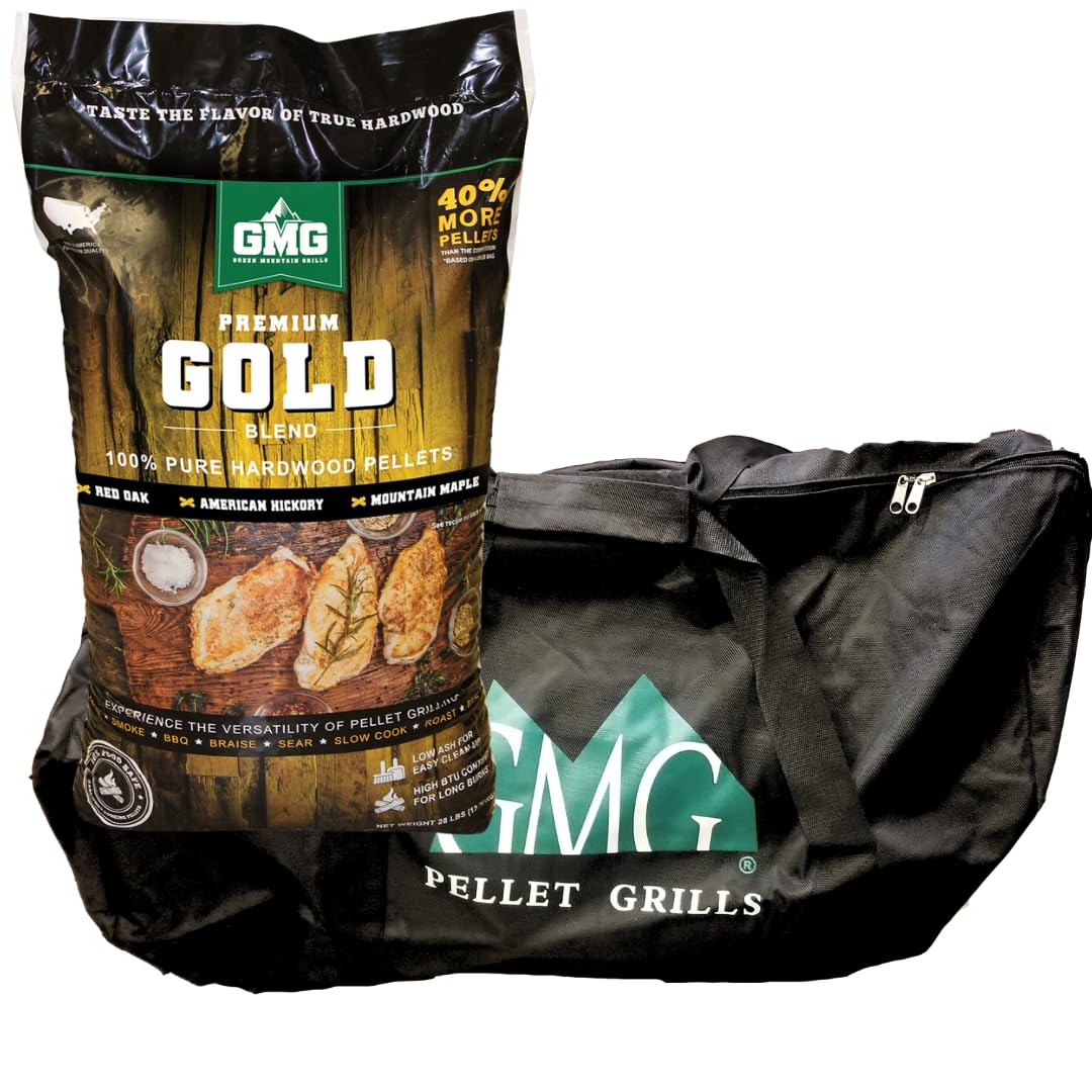 Green Mountain Grills Gold Blend Pellets and Tote Bag Combo -Red Oak, Hickory, Mountain Maple Blend
