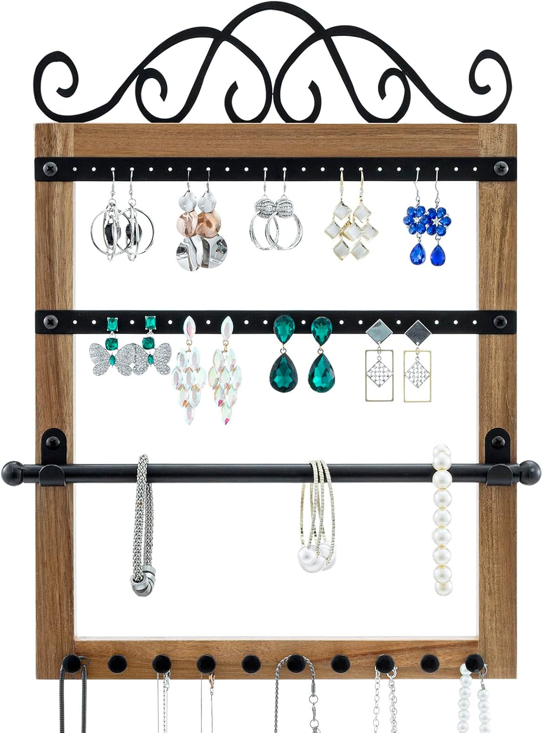 MyGift Premium Acacia Wood & Black Metal Wall Mounted Jewelry Organizer – Scrollwork Design Holder for Necklaces, Earrings, Bracelets & Accessories