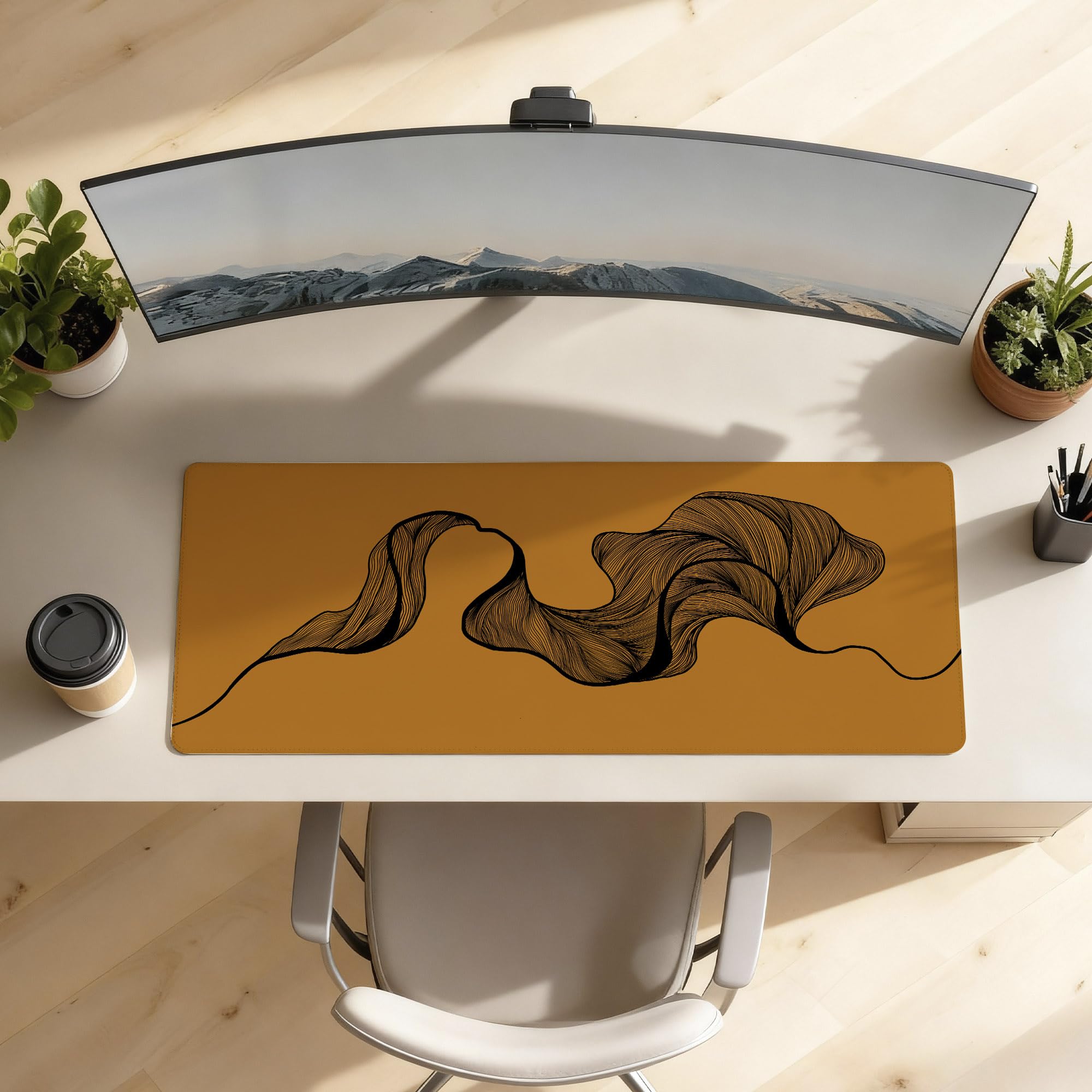 SoulAbiti Terracotta Organic Flowing Lines Extended Desk Pad (36x14 Inch) - Nature Productivity Series XXL Mouse Pad - Non-Slip Rubber Base & Stitched Edges 2