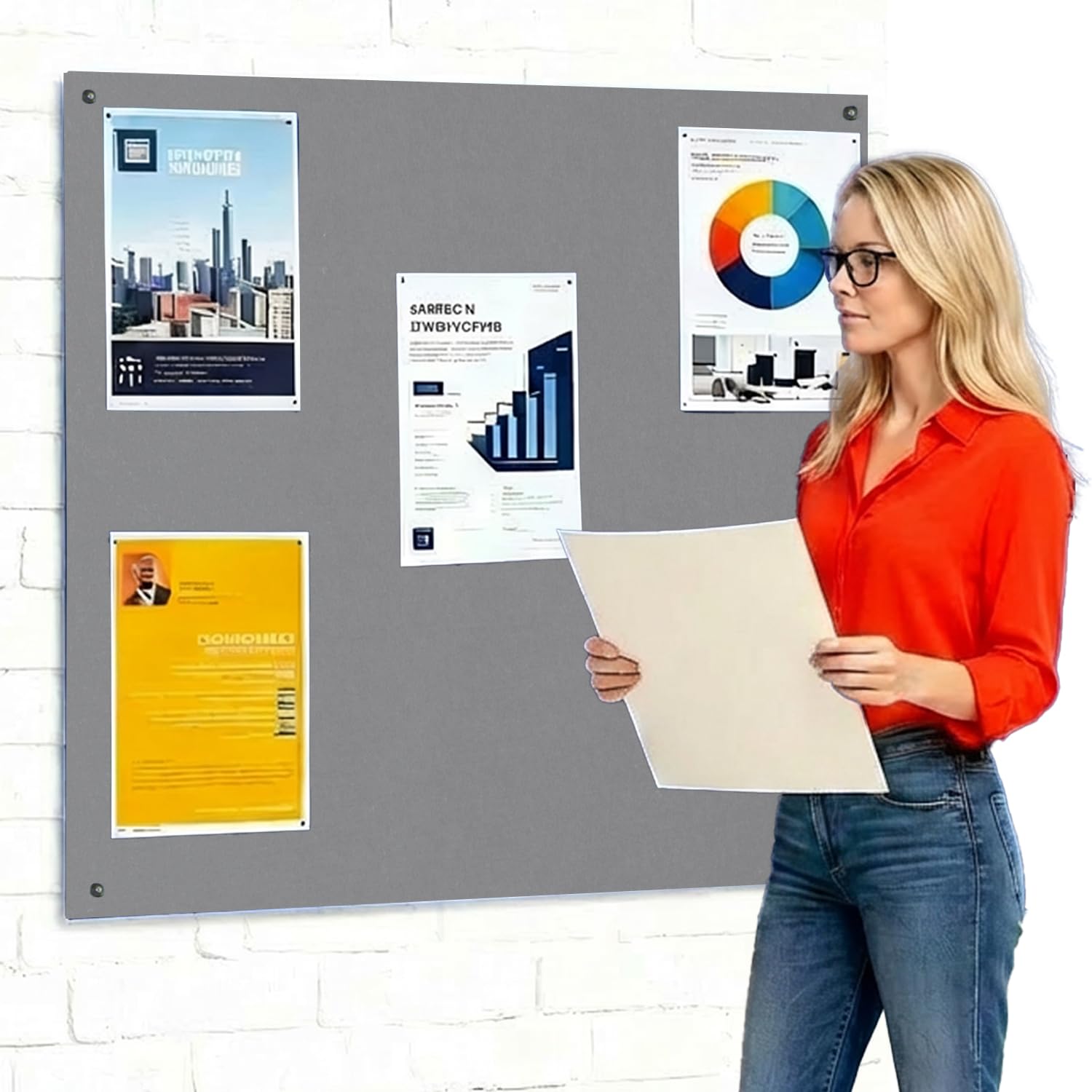 Frameless Fire-Retardant Grey Noticeboard, 120 x 120 cm, Message Pinboard, Recycled, Wall-Mounted - 12 Colours to Choose from - Ideal for Office, School, Public Displays