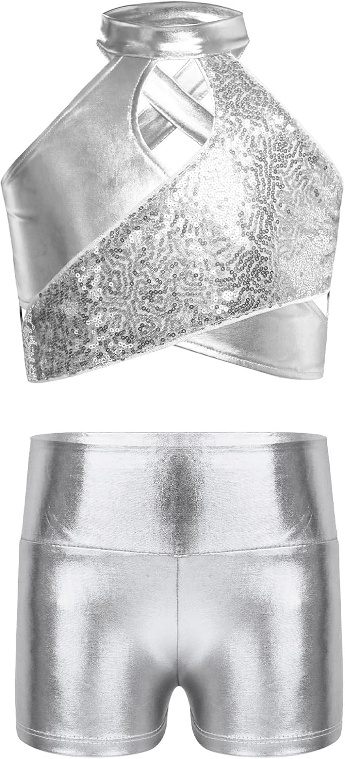 Girls Sequin Jazz Dance Set Asymmetrical Halter Top Metallic Shorts