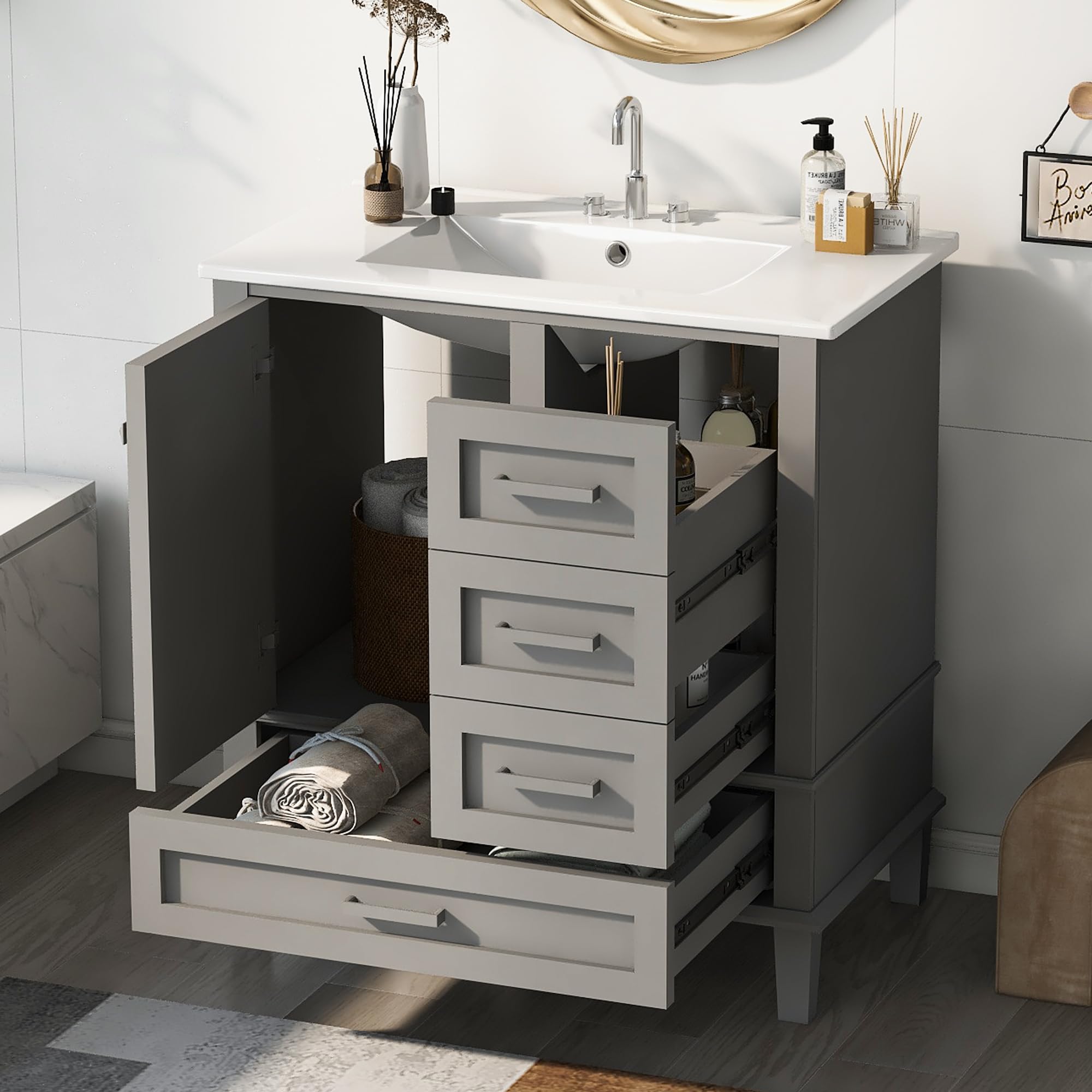 Wekuku 30 Inches Bathroom Vanity with Sink, Modern Grey Solid Wood Storage Cabinet – Soft Closing Door 3 Drawers, Space-Saving Bathroom Combo Set (3 Drawers + 1 Doors)