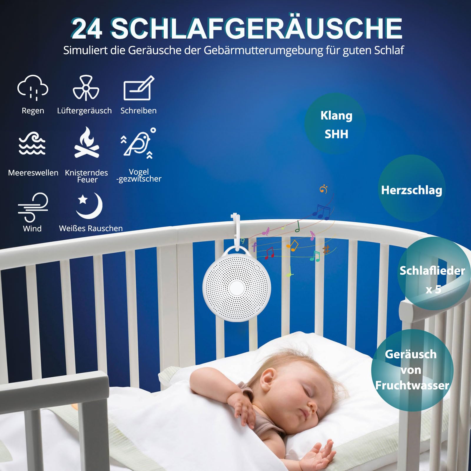 White Noise Machine Einschlafhilfe 24 Beruhigende Geräusche Tragbar 2000mAh Akku 3-Timer Memory-Funktion 16 stufige Lautstärke Babys Erwachsene Weiß