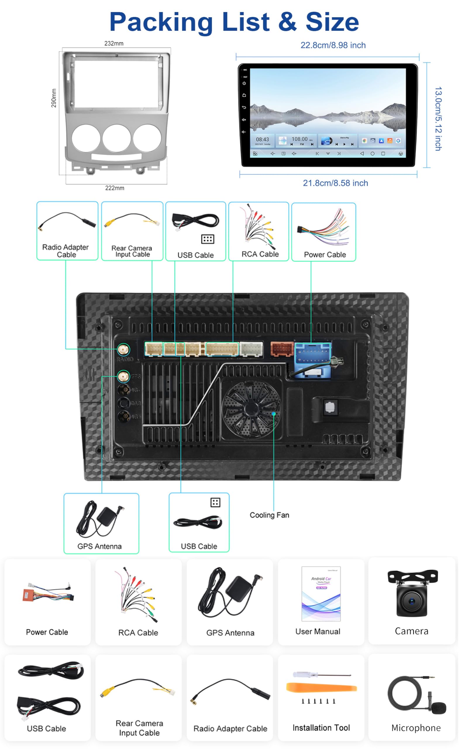 Qualcomm, 4G+64G 8Core GOHHDL Android 15 Autoradio für Mazda 5 2005-2010 mit Carplay Android Auto, 9 Zoll IPS Touch Bildschirm mit Bluetooth FM/RDS EQ DSP GPS WiFi + Rückfahrkamera & MIC
