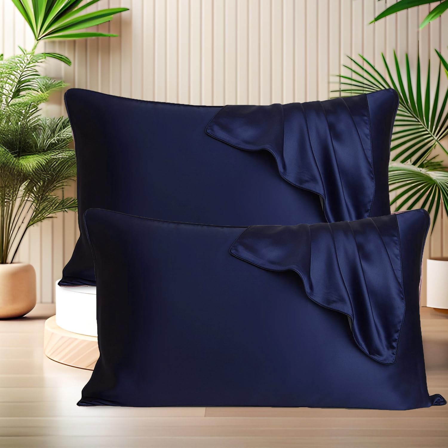 SITTELLA Set Of 2 Satin Silk Solid Pillow Cover And 3 Free Scrunchies With Envelope Closure End And Design,Soft Silk Pillow Case For Hair And Skin(Navy Blue),72 X 46 Cm, 600 TC-image-22