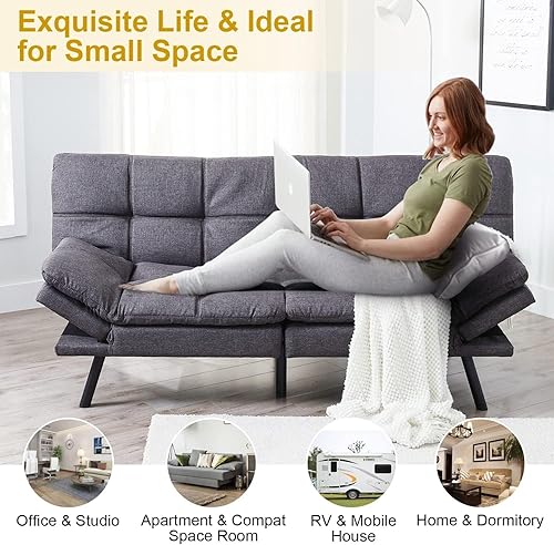 Miniatura 5 de MUUEGM Sofá cama futón, futón de espuma viscoelástica, moderno sofá convertible de piel sintética con reposabrazos y respaldos ajustables para