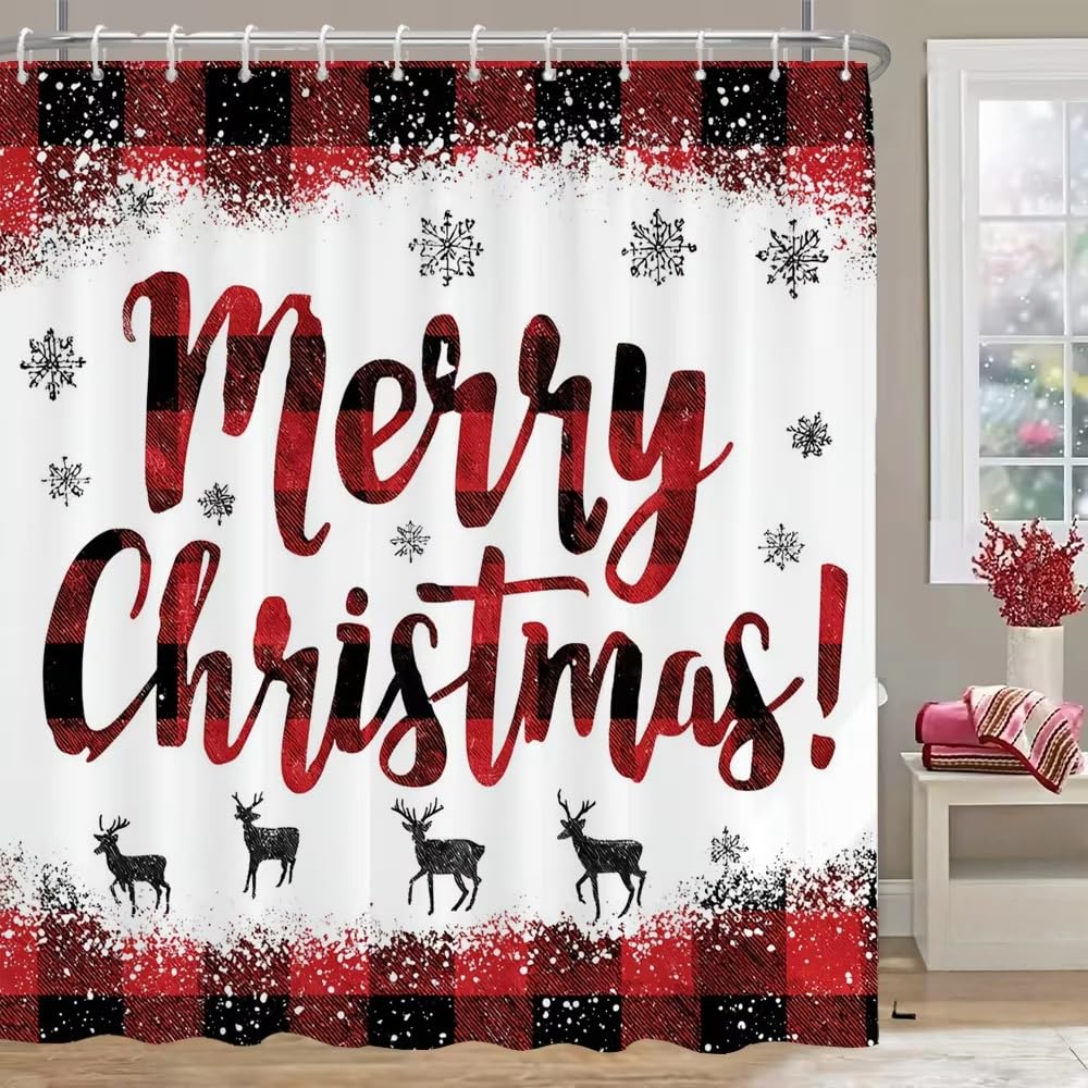 Cortina de Ducha Navideña,Cuadros Negros con Renos y Copos de Nieve,con Ganchos de Plástico,Poliéster Impermeable,Decoración Rústica Navideña para El Baño,240An X 200Al Cm (1 Paneles).