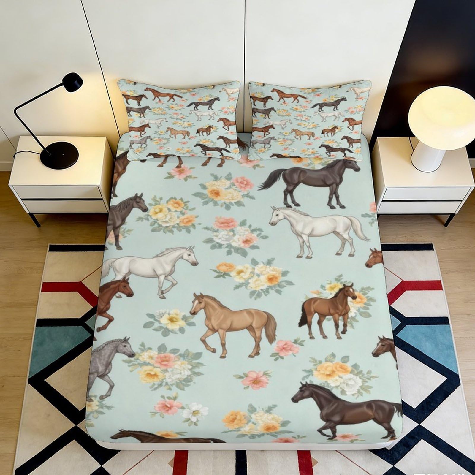 3D Printed Horses Pattern Fitted Sheet Microfiber Non-Slip Deep Pocket Horse Mattress Fitted Cover Bedding Wrap Washable 200x200x25cm