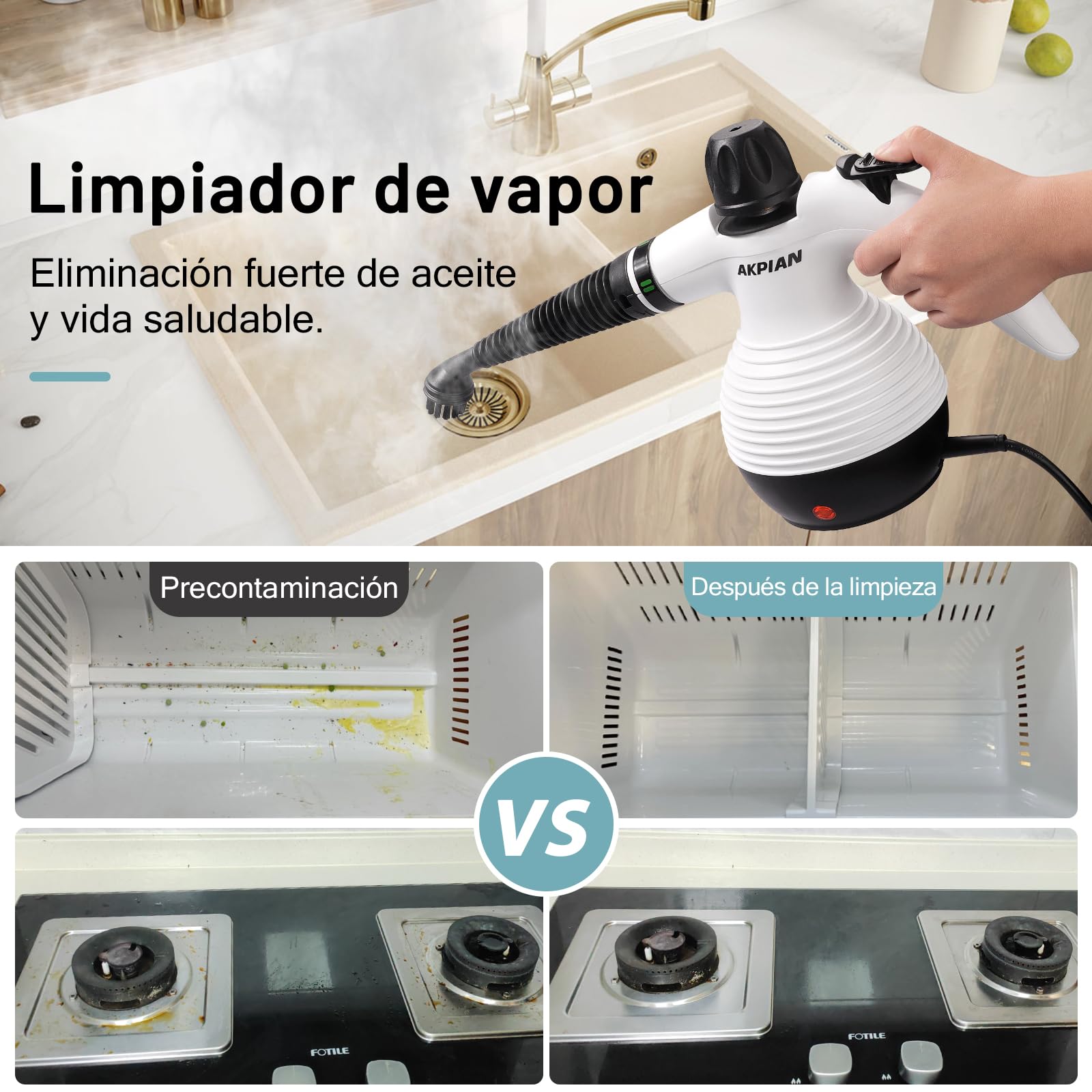 Limpiador a Vapor Portátil, Limpiador a Vapor, Limpiador Multifunción, con Bloqueo de Seguridad, Incluye un Juego de 10 Accesorios, Apto para Cocinas, Cortinas, Sofás, Baldosas y Baños - 5