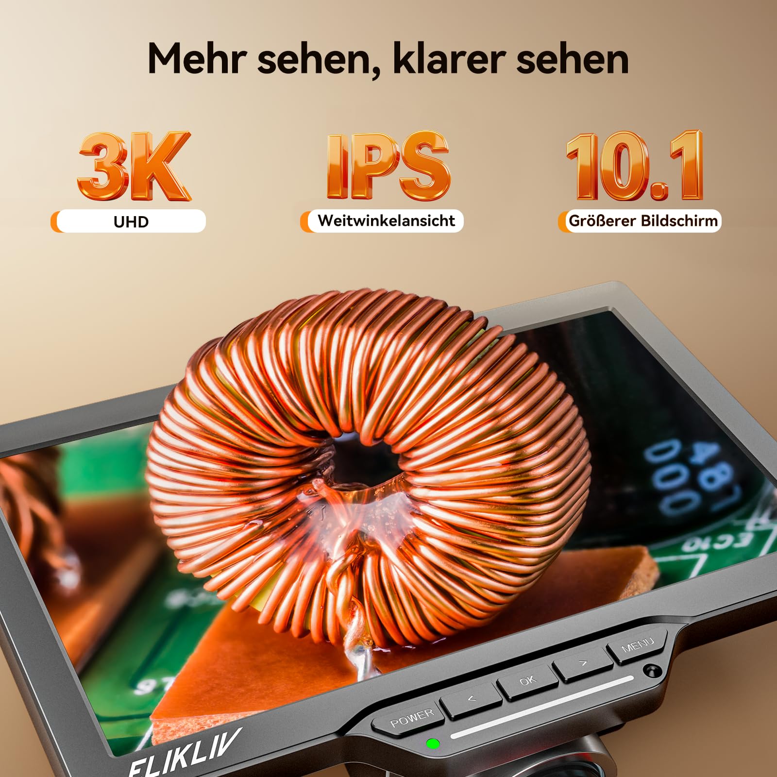 Elikliv EM3K-AF Max Microscopio Digitale 3K Autofocus HDMI, Schermo LCD da 10.1" e 38MP, per Saldatura e Riparazioni Elettroniche, Supporto da 10'', 64 GB