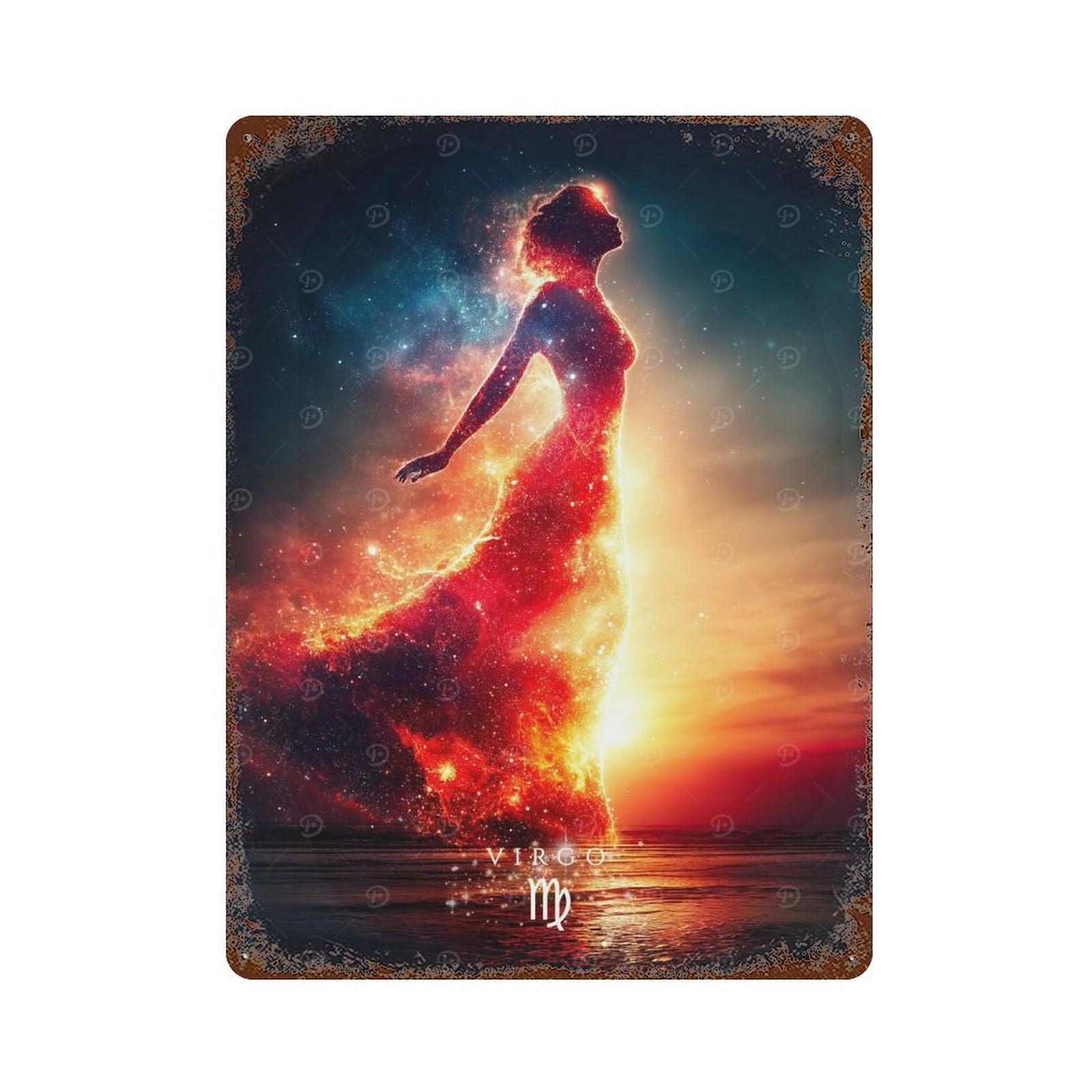 Virgo Zodiac Sign Digital Art Weathered Tin Sign 15.7"x11.8", for Basement, Hobby Room And Garage Decor, Rustic Home Decor