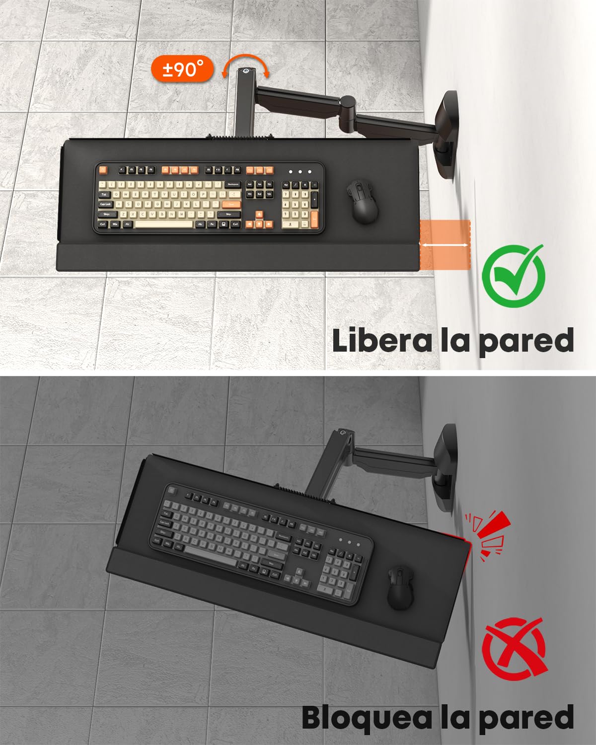 Soporte de Pared para Teclado Extra Largo 65,4 cm – Plataforma de Escritura Completamente Móvil con Brazo de Gas, Giratorio y Regulable en Altura, Capacidad de Carga hasta 9 kg, Negro