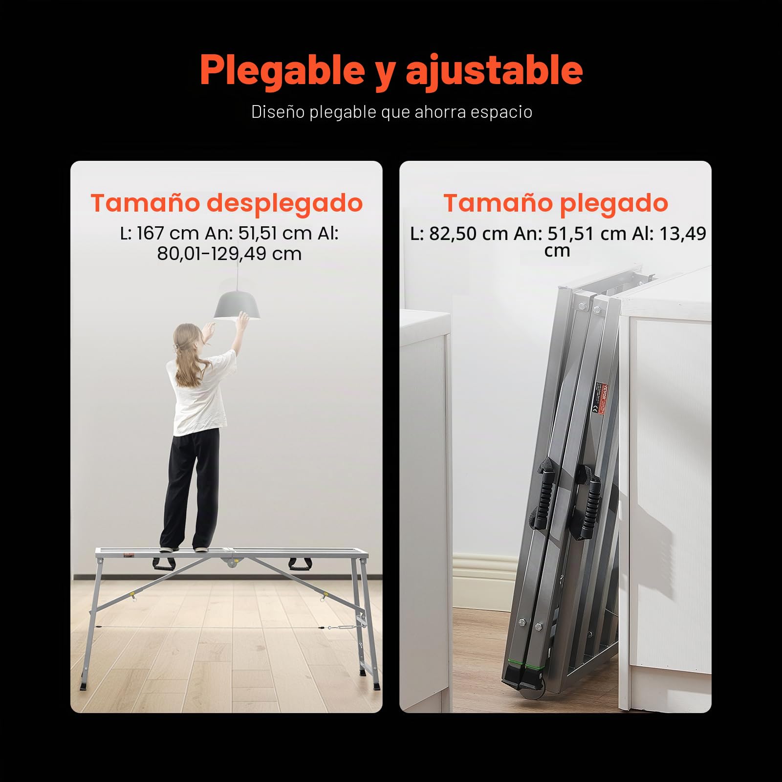 VEVOR Plataforma de Trabajo, Altura Ajustable de 4 Velocidades 80-130 cm, Escalera de Acero de Aleación Plegable, Carga de 400 kg, Pies de Goma Antideslizantes, para Pintar Paneles de Yeso, Limpieza