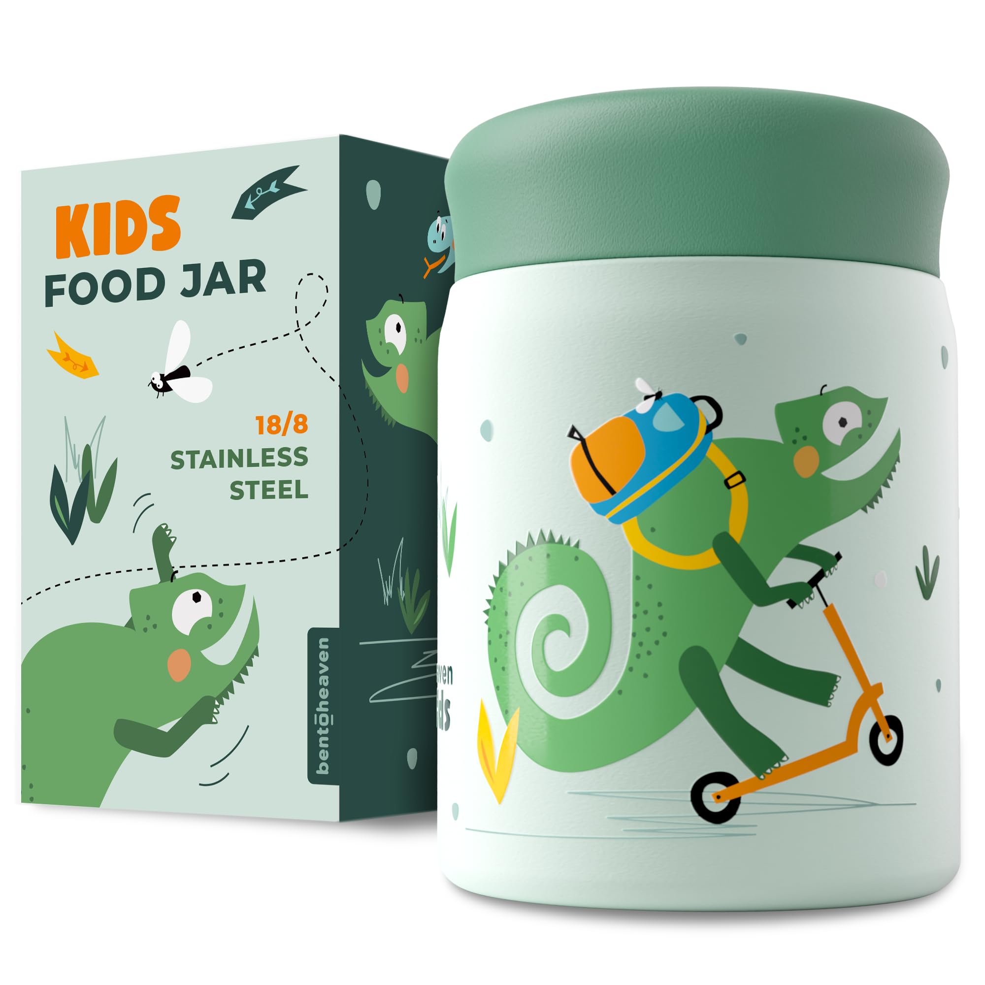 BentoheavenKids Food Jar (10oz) - Vacuum Insulated Food Container - Premium Double Wall Stainless Steel - Easy to Open - Keeps Soup & Food Hot/Cold - Lunch Box Thermos for Hot Food Kids (Green)